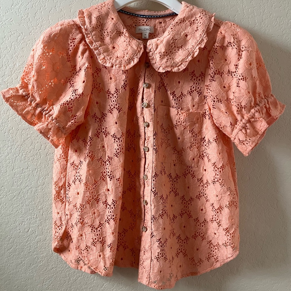 Pilcro Keira Lace Blouse by Anthropologie Womens Coral Collar Puff Sleeve Top XS - Picture 4 of 15